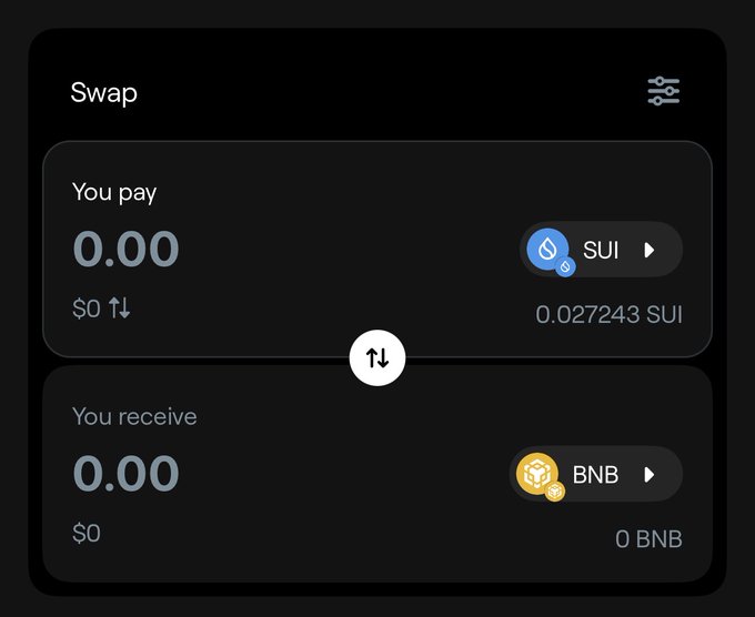 A cryptocurrency swap interface showing an exchange between SUI (0.027243 SUI) and BNB, with both 'You pay' and 'You receive' amounts currently at 0.00.