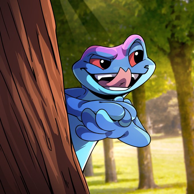 The image features a cartoon frog with blue skin, green eyes, and red lips peeking out from behind a tree trunk. The frog appears to be smiling or making a funny face as if posing for a photo. The caption "Feeling $snek ish this mornin'", which translates to "I feel like a snake", adds a humorous touch to the scene, suggesting that the frog might have a snake-like appearance or behavior.