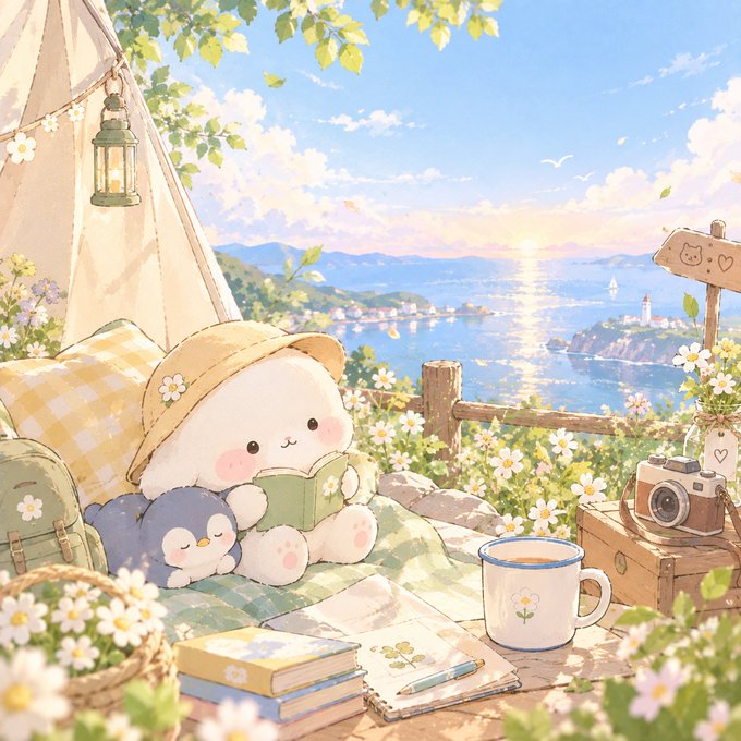 A charming pastel illustration depicts a cute white bear wearing a straw hat and reading a book while sitting in a scenic outdoor setting with a tent, ocean view, flowers, and a penguin companion.