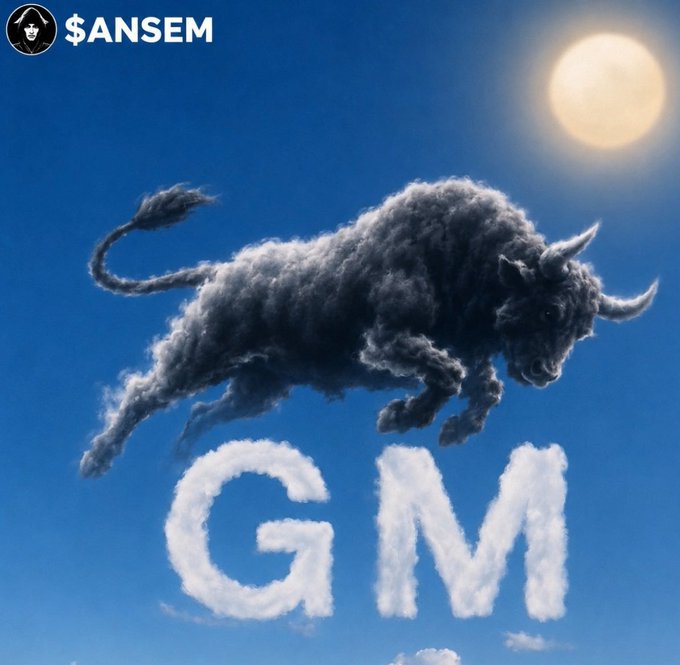 A surreal image by $ANSEM showing a fluffy black bull made of clouds leaping across a blue sky with a sun, with 'GM' (Good Morning) spelled out in clouds below.