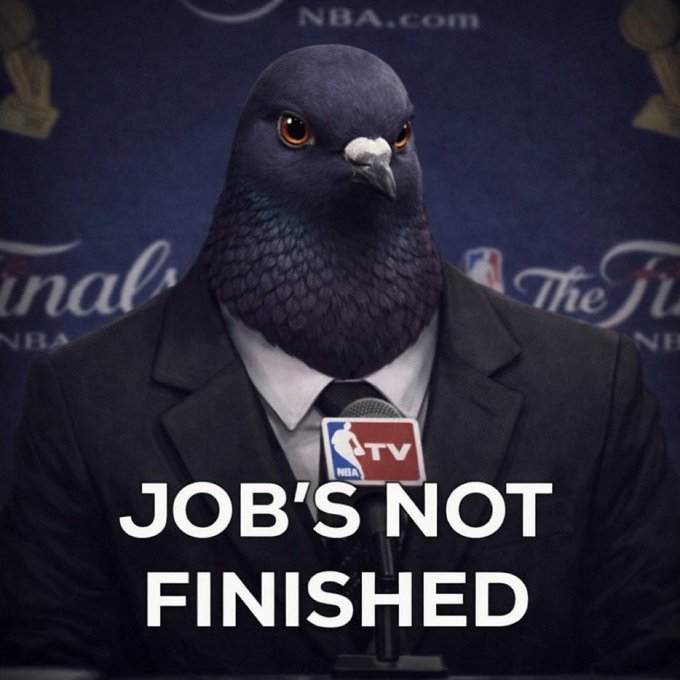 A meme image showing a pigeon wearing a black suit at an NBA Finals press conference, with the caption 'JOB'S NOT FINISHED' in white text.