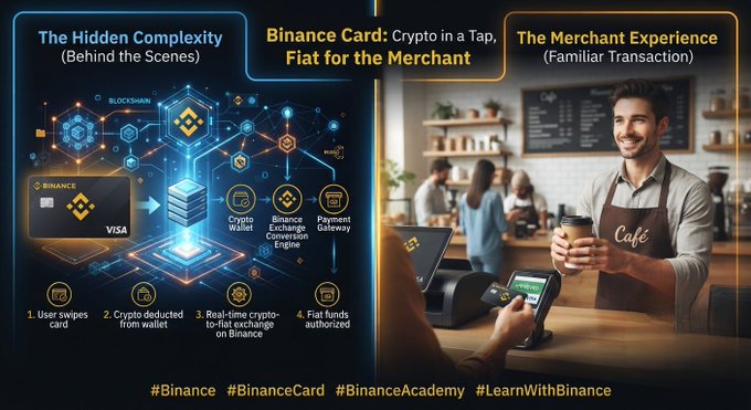 An infographic compares "The Hidden Complexity (Behind the Scenes)" of a Binance Card crypto transaction with "The Merchant Experience (Familiar Transaction)" showing a customer paying at a cafe.