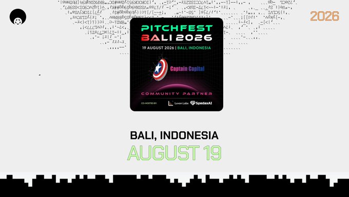 A promotional graphic for 'PITCHFEST BALI 2026' scheduled for August 19 in Bali, Indonesia, featuring 'Captain Capital' as a community partner against a backdrop of stylized code.