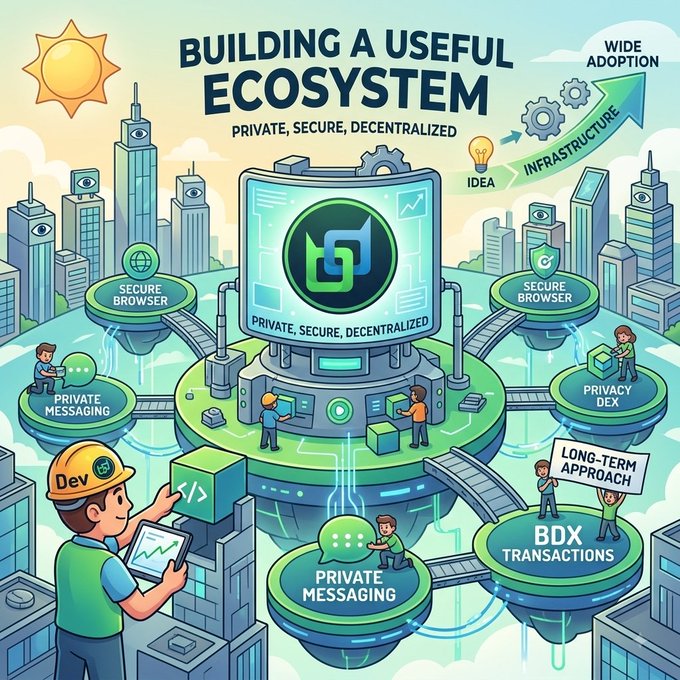 An infographic titled 'BUILDING A USEFUL ECOSYSTEM' illustrates a decentralized network with components like 'SECURE BROWSER', 'PRIVATE MESSAGING', and 'PRIVACY DEX'.