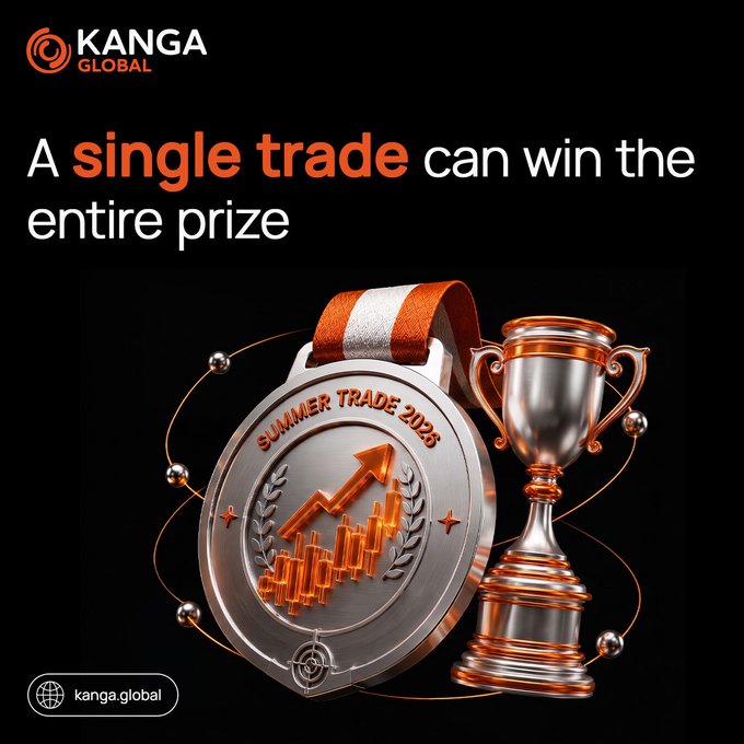 A promotional advertisement for Kanga Global reads "A single trade can win the entire prize" alongside a silver "Summer Trade 2025" medal and a bronze trophy.