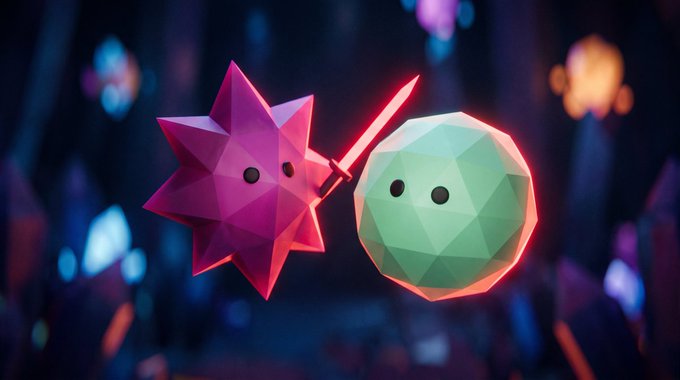 A 3D-rendered illustration shows a pink star-shaped character holding a glowing red sword against a green spherical character with a simple face, set in a dark, atmospheric environment.