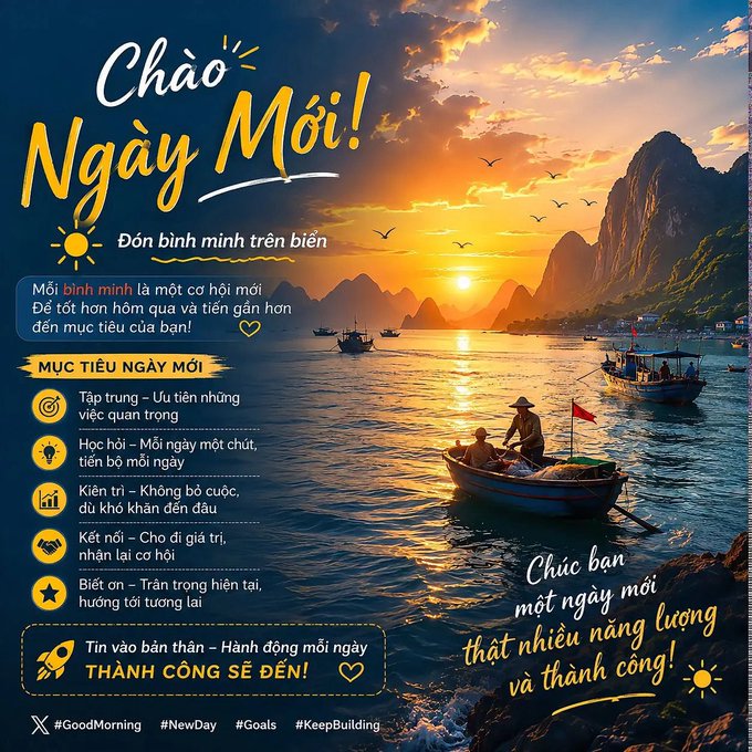 A vibrant Vietnamese motivational graphic titled 'Chào Ngày Mới!' (Hello New Day!) showing a sunset over boats, with goals including overcoming procrastination, learning, growth, networking, and gratitude, signed 'THÀNH CÔNG SẼ ĐẾN!' (Success will come) with hashtags like #GoodMorning and #Goals.