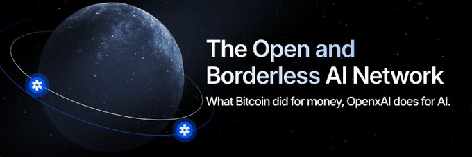 OpenxAI promotional graphic titled 'The Open and Borderless AI Network' with the tagline 'What Bitcoin did for money, OpenxAI does for AI,' featuring a planet illustration.