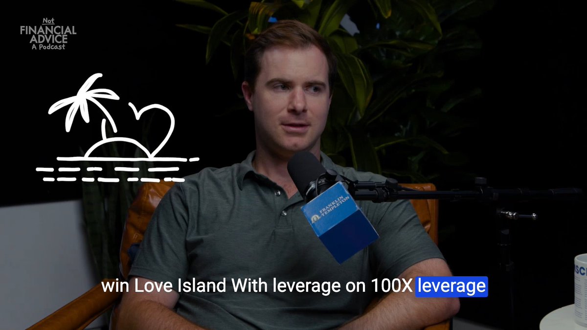 A man in a gray polo shirt speaks into a "Financial Tradition" microphone on the "Not Financial Advice" podcast, with a cartoon palm tree and heart graphic on the left. The on-screen caption reads "win Love Island With leverage on 100X leverage," humorously relating to the post's discussion about high-leverage margin trading on prediction markets like Polymarket.