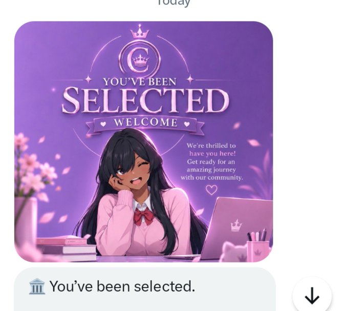 An anime-style illustration of a smiling girl at a desk with a laptop, overlaid with the text 'YOU'VE BEEN SELECTED WELCOME' and 'We're thrilled to have you here! Get ready for an amazing journey with our community.'