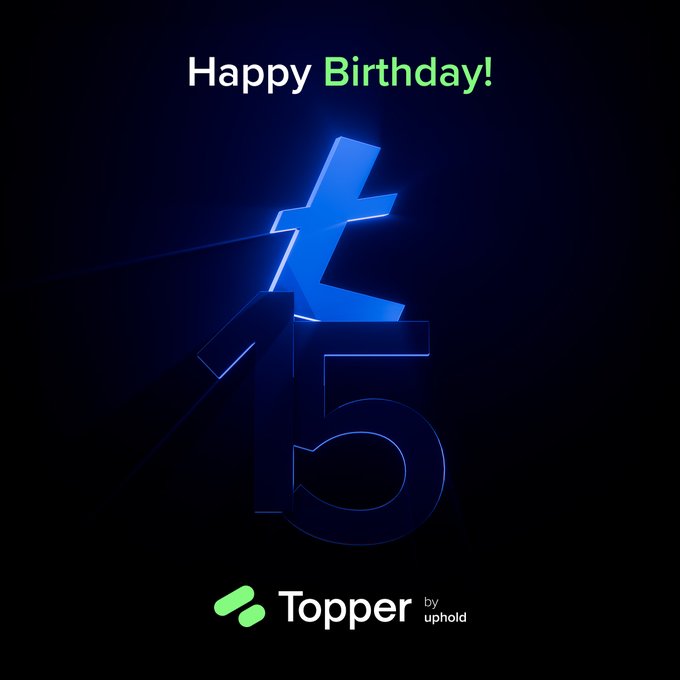 A dark graphic with glowing blue 3D numbers '15' and text 'Happy Birthday!' at the top, with a 'Topper by uphold' logo at the bottom.