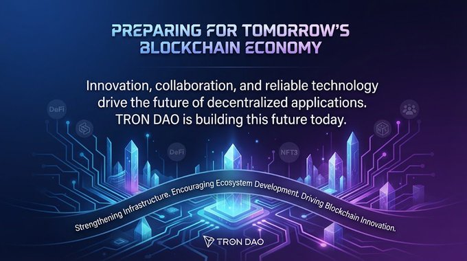 A digital promotional graphic titled 'PREPARING FOR TOMORROW'S BLOCKCHAIN ECONOMY' discusses TRON DAO's role in decentralized applications, with a futuristic cityscape and DeFi/NFT icons.