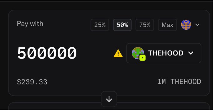 A cryptocurrency purchase interface showing a payment of 5000000 tokens for $239.33, with 50% selected as the pay percentage to buy THEHOOD tokens.
