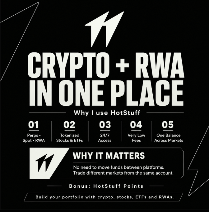 A black promotional poster with white text reading "CRYPTO + RWA IN ONE PLACE" and "Why I use HotStuff," listing five features (Perps Spot RWA, Tokenized Stocks & ETFs, 24/7 Access, Very Low Fees, One Balance Across Markets) and a "WHY IT MATTERS" section stating "No need to move funds between platforms. Trade different markets from the same account," with a bonus mention of "HotStuff Points."