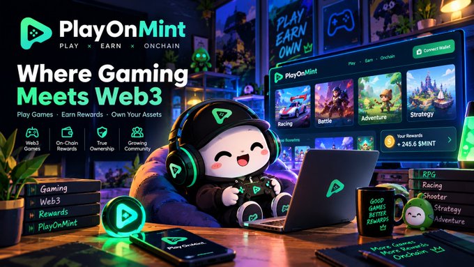 An advertisement for PlayOnMint featuring a cartoon mascot with headphones using a laptop, promoting web3 gaming with text 'Where Gaming Meets Web3'.