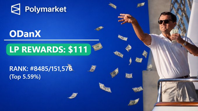 The image features an advertisement for Odanx, which is promoting its rewards program. The main subject of the ad is a man wearing sunglasses holding up his hand with money falling from above. The text on the ad reads "Odanx LP Rewards: $111". This suggests that the man has earned a significant amount of points through the rewards program and is now able to exchange them for real-life currency, such as dollars or other forms of payment.