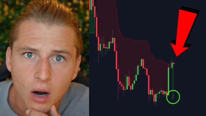 The image shows a man with a shocked expression on the left, paired with a Bitcoin price chart on the right featuring a large red arrow pointing downward and a green circle highlighting a notable price movement, suggesting a dramatic market event referenced in the accompanying post.