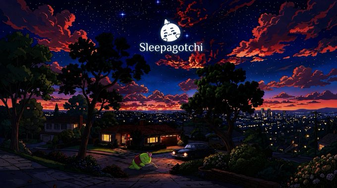 A pixel-art frog sits on a sidewalk in front of a house at twilight, with a stunning sunset sky and city skyline in the background, while the "Sleepagotchi" logo and name appear at the top, promoting the Season 2 campaign's $50,000 token giveaway for top contributors on Nucleus.