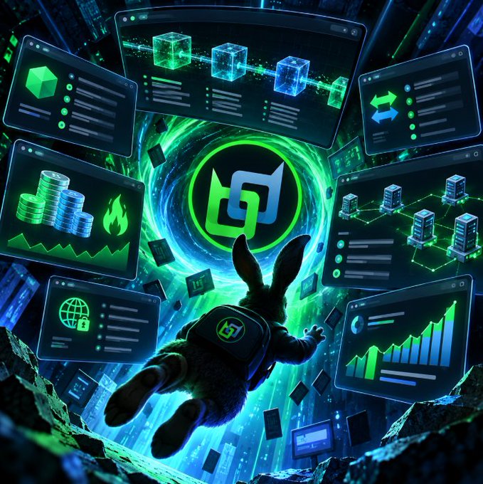 Digital artwork depicting a rabbit wearing a backpack leaping toward a glowing green portal, surrounded by holographic screens displaying various data, charts, and the 'CA' (Chaos Labs) logo.