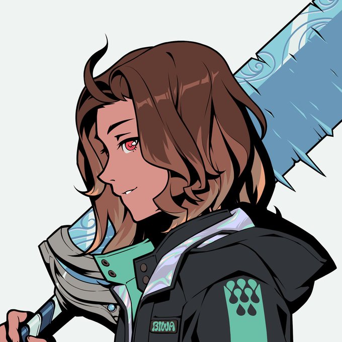An anime-style illustration of a brown-haired character with red eyes wearing a hoodie labeled "ISTOVA," holding a large icy blue sword.