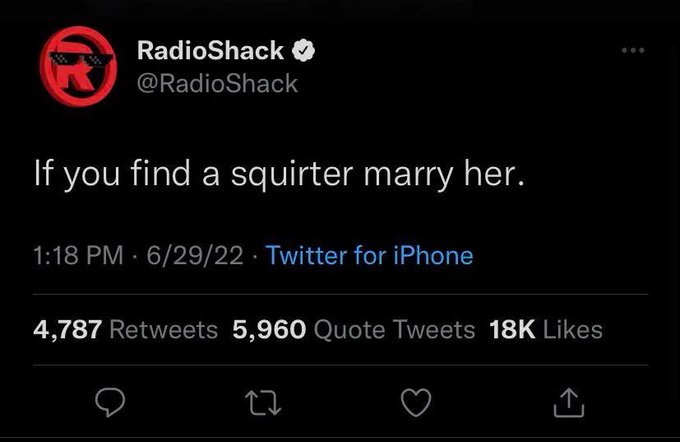 A tweet from RadioShack (@RadioShack) reads 'If you find a squirter marry her.' posted on 6/29/22, with 4,787 Retweets, 5,960 Quote Tweets, and 18K Likes.