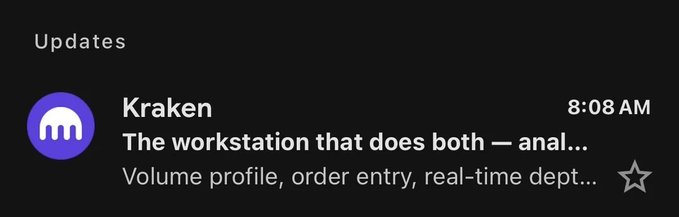 A mobile notification from Kraken at 8:08 AM announcing 'The workstation that does both — anal...'