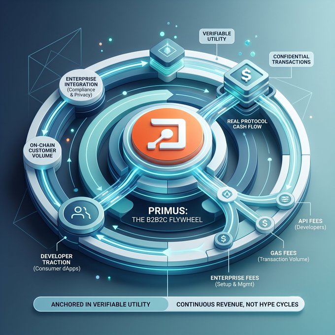 A digital infographic illustrates the 'PRIMUS: THE B2B2C FLYWHEEL' showing a circular flow connecting concepts like Verifiable Utility, Confidential Transactions, Enterprise Integration, and Developer Traction around a central orange logo.