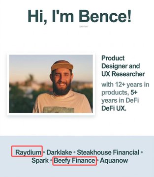 A profile introduction card reads 'Hi, I'm Bence!' describing him as a Product Designer and UX Researcher with 12+ years in products and 5+ years in DeFi DeFi UX, listing past work at Raydium, Darklake, Steakhouse Financial, Spark, Beefy Finance, and Aquanow.