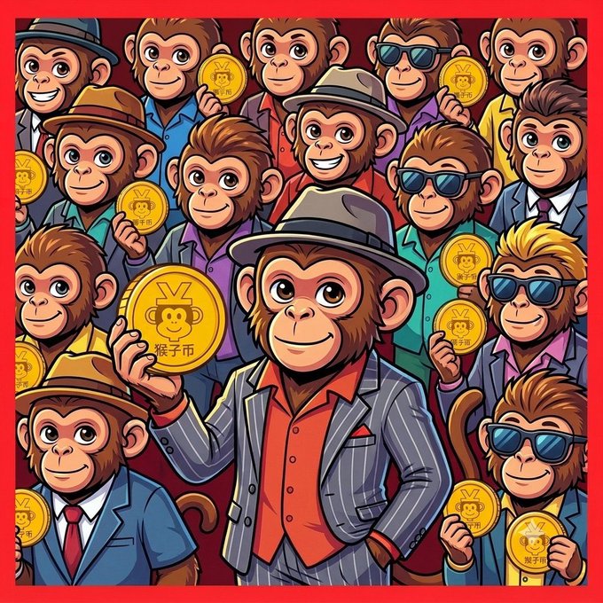 A colorful cartoon illustration featuring multiple monkeys in suits and hats holding gold coins labeled "猴子币" (Monkey Coin), with a central monkey in a pinstripe suit and fedora prominently displaying a coin.