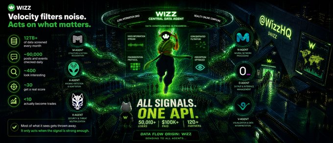 A dark, green-themed marketing graphic for 'WIZZ' featuring a central character and the text 'Velocity filters noise. Acts on what matters.' and 'ALL SIGNALS ONE API', highlighting statistics like '~90,000 daily and weekly checked daily' and '50,010+ USERS'.