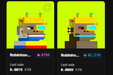 Two pixel-art style NFT profile pictures displayed on a marketplace interface, both featuring robot characters with crowns, labeled 'Robinhoo...' with prices in ETH.