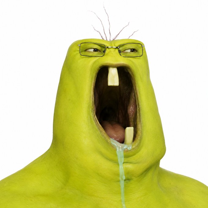 A surreal 3D illustration of a green, blob-like creature wearing glasses with its mouth wide open, showing teeth and drooling a green liquid.