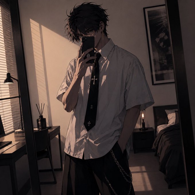 An anime-style illustration of a young man with dark messy hair taking a mirror selfie in a dimly lit bedroom, wearing a white short-sleeved button-up shirt with a black tie featuring cross designs and a chain on his pants.