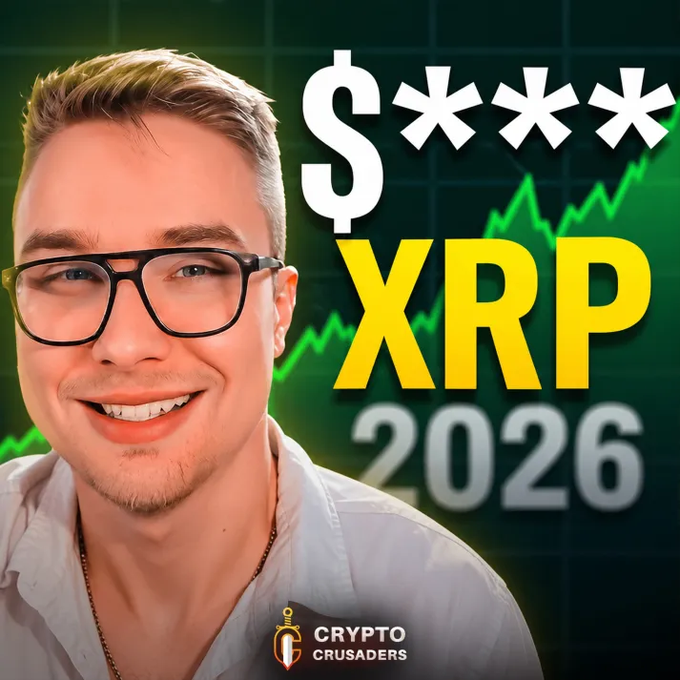 The image features a man wearing glasses, smiling at the camera with his eyes closed. The background of the image shows a green line graph that reads "XRP triple digits this year? How it could happen crusadersnewsletter.com/p/xrp-triple-d". This suggests that there is a possibility for XRP to triple in value, which would be significant news for cryptocurrency enthusiasts and investors alike.