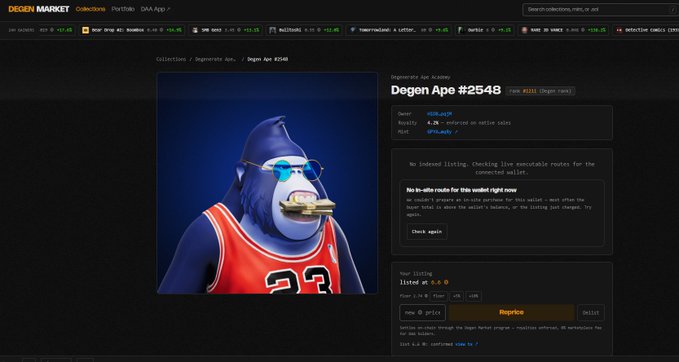 A Degen Market webpage displaying 'Degen Ape #2548', a 3D-rendered ape NFT wearing sunglasses and a red basketball jersey, listed at 6.6 ETH with no active buy route.