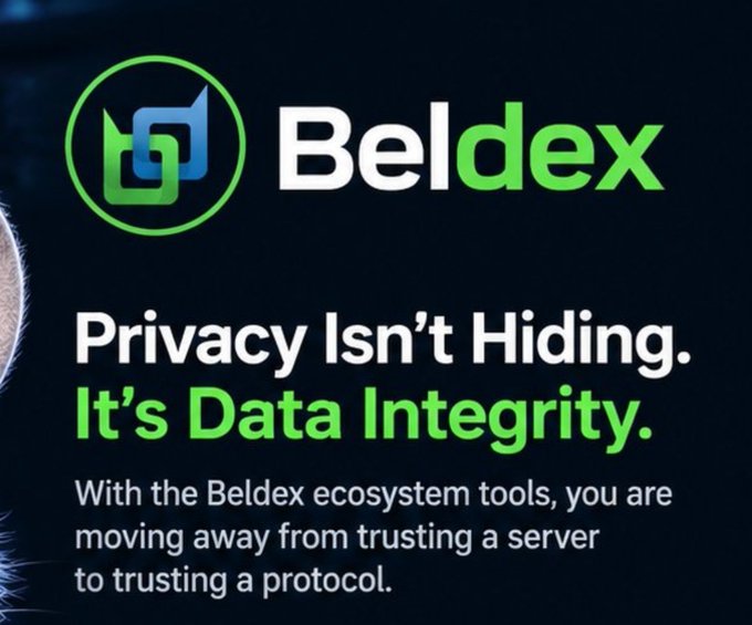A Beldex promotional graphic featuring its logo and the tagline 'Privacy Isn't Hiding. It's Data Integrity.' with explanatory text about moving from trusting a server to trusting a protocol.