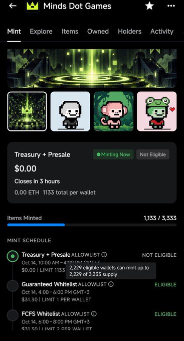 A screenshot of the Minds Dot Games NFT mint page, showing pixel-art item icons and a mint schedule with ALLOWLIST, Whitelist ALLOWLIST, and FCFS Whitelist ALLOWLIST phases.