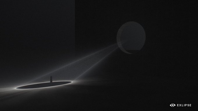A dark, atmospheric image from 'EXLIPSE' showing a silhouetted figure standing in a beam of light beneath a partial eclipse.