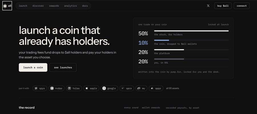 A screenshot of the $all website, a crypto launchpad, featuring the headline 'launch a coin that already has holders' and a breakdown of tokenomics showing 50% for the stock, 10% for the coin, 20% for the platform, and 20% for the creator.