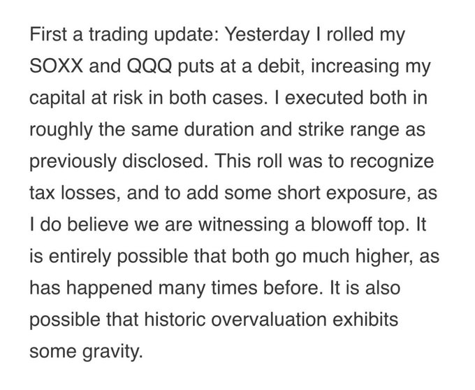 The image shows an email written by Michael Burry, who has been selling his puts at a loss for some time now. He has rolled over to enter into new $SOXX and $QQQ puts. The text of the email is displayed in white against a grey background.