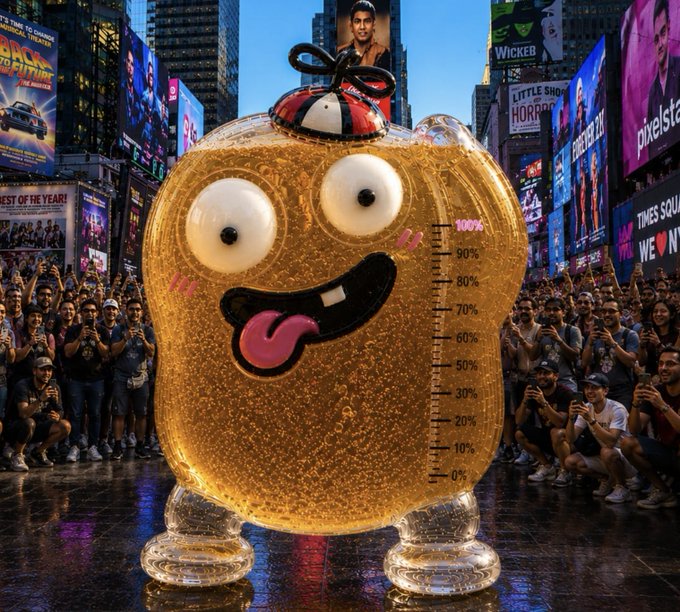 A giant anthropomorphized gummy tank character with a goofy face, tongue out, and a "100%" fill gauge stands triumphant in a Times Square-style plaza surrounded by cheering crowds and billboards (including "Wicked," "Little Shop of Horrors," and "Back to the Future"), visually celebrating the $PEE token's complete sell-out and full mint status.