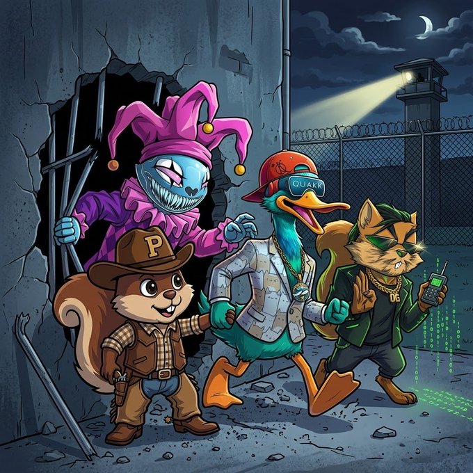 Cartoon illustration of four anthropomorphic characters (a jester, squirrel in cowboy hat with "P", a duck in "QUARK" cap, and a cat with "DG" jacket holding a phone) escaping through a wall hole in a prison setting.