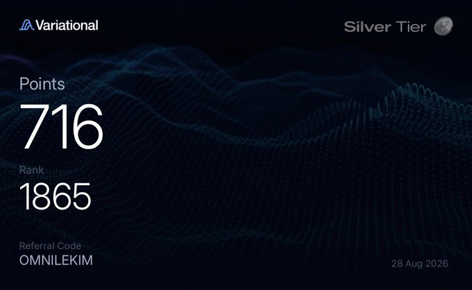 A digital card for 'Variational' showing a Silver Tier membership with 716 Points, Rank 1865, and referral code OMNILEKIM, dated 28 Aug 2026.