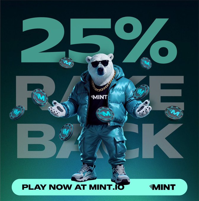 A promotional graphic featuring a polar bear wearing sunglasses and a teal puffer jacket surrounded by floating coins, advertising '25% RAKE BACK' at MINT.IO.