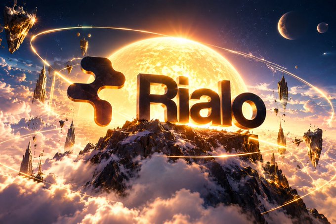 A fantasy cosmic scene features the Rialo name and logo silhouetted against a brilliant sun, clouds, floating islands, and planets.