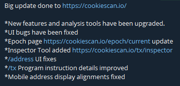 A dark blue screenshot announcing updates to cookiescan.io, listing new features including upgraded analysis tools, bug fixes, a new Epoch page, Inspector Tool, and improved /address and mobile UI.