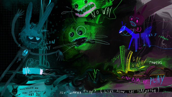 A neon-colored digital artwork featuring stylized rabbit and cat characters with glowing blue and green hues, surrounded by handwritten text including phrases like "SLOW PLAY," "NO WAY," "FAST TRAVEL," "JELLY SWAY," "CITY SWAY TOUCKS," and "KIND OF PLAY." The piece is titled "Slow Dough" from the "NOAI" collection by CustomHorror on objkt.com, as referenced in the caption, showcasing the artist's distinctive chaotic and vibrant aesthetic within the Art on Tezos space.