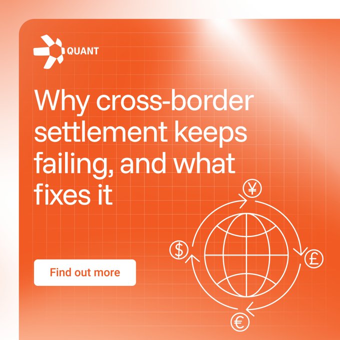 A promotional graphic for Quant featuring an orange background with the company's logo and the headline "Why cross-border settlement keeps failing, and what fixes it," accompanied by an illustration of a globe surrounded by yen, dollar, euro, and pound currency symbols connected by arrows, with a "Find out more" call-to-action button—visually reinforcing the post's point about fragmented, sequential settlement across different currencies and borders.