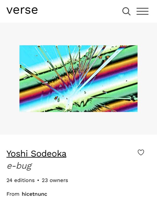 The image shows a Verse NFT marketplace listing for "e-bug" by Yoshi Sodeoka, featuring a vibrant, multicolored abstract digital artwork with 24 editions and 23 owners, sourced from hicetnunc. The listing illustrates the seamless multi-chain experience described in the post, showing how a collectible originally minted on Tezos (via hicetnunc) is now accessible for purchase with Ethereum on Verse.