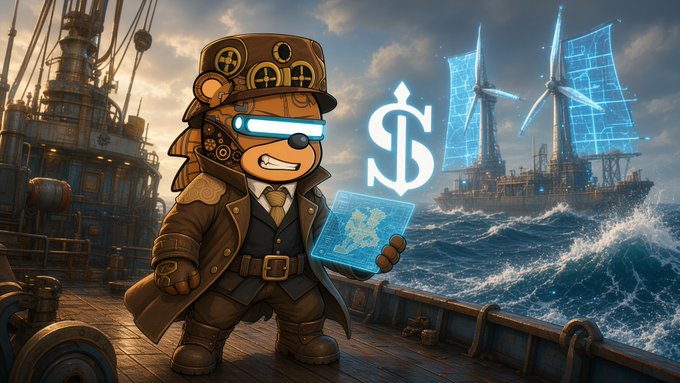 An anthropomorphic bear captain in weathered maritime attire stands on a ship's deck holding a glowing holographic blueprint, with a dollar sign ($) and futuristic wind turbines visible on the horizon. The image visually echoes the post's themes of $EthraShip, blending real-world shipping heritage with onchain innovation through its steampunk-meets-digital aesthetic and nautical setting.